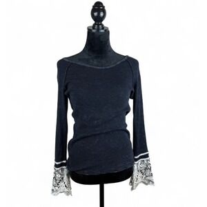 ABLE Gray Waffle Knit Off The Shoulder Top Lace Bell Sleeve Women Small Boho